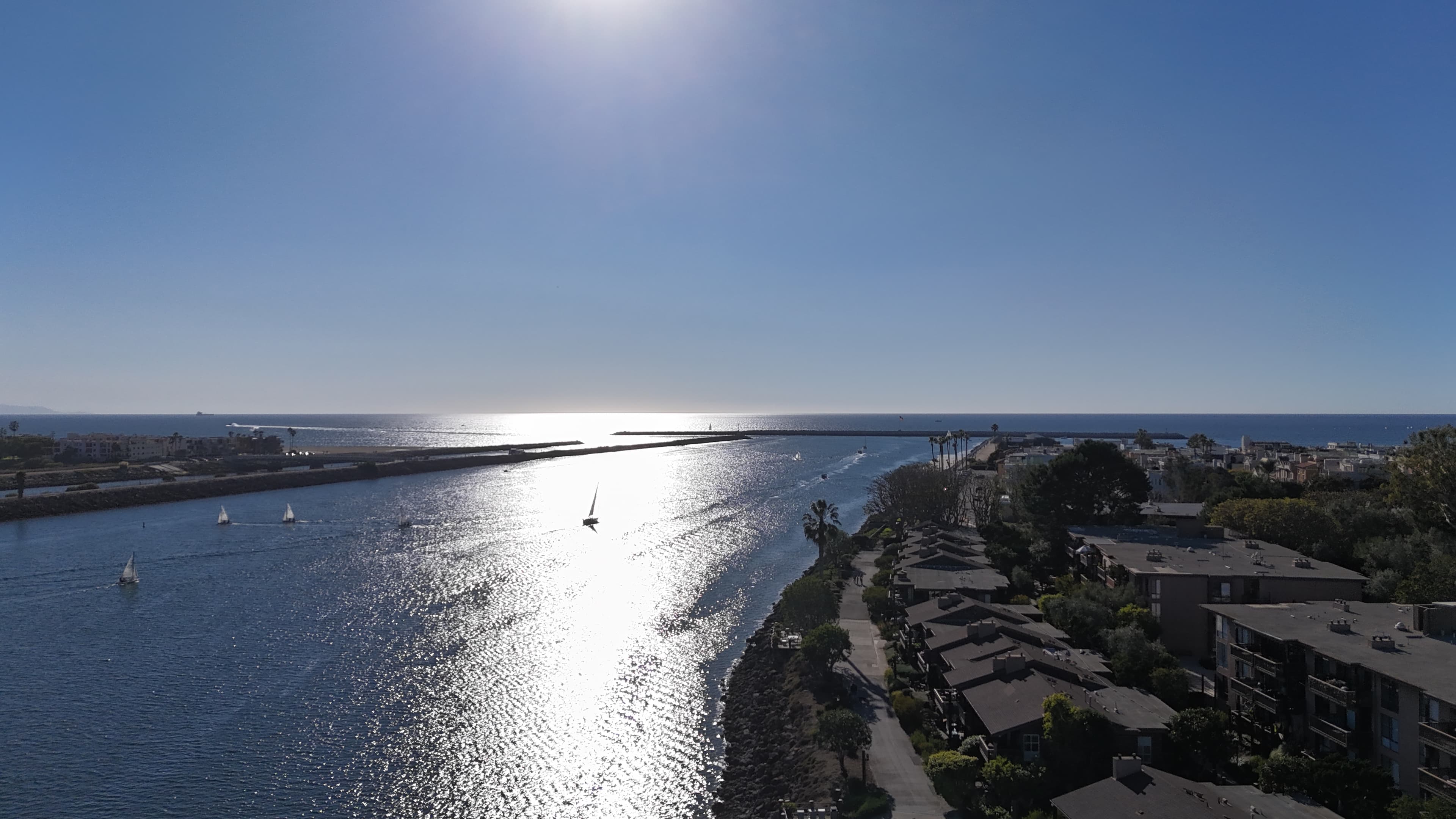 Aerial view of Marina del Rey channel with sailboats